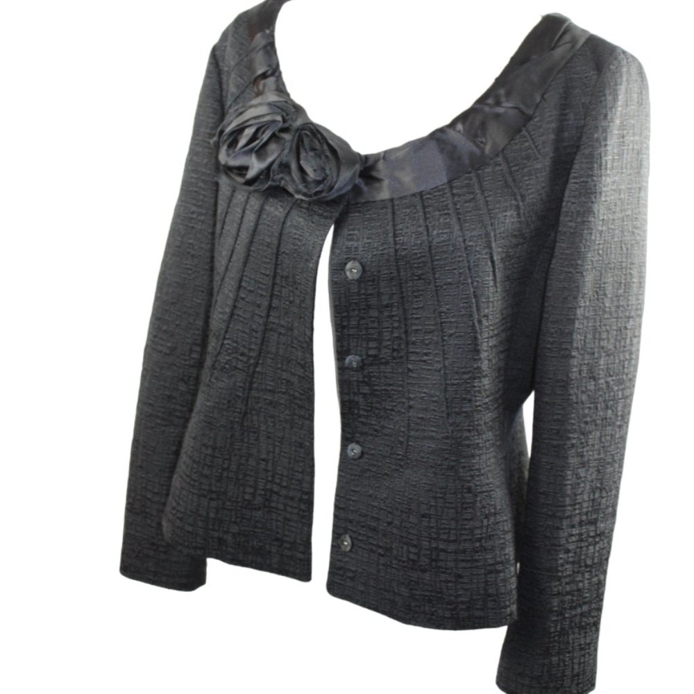 Elie Tahari Sabrina Rose Embellished Black Texture Suit Jacket, Size Large - Picture 7 of 14
